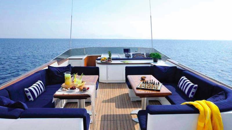 luxury yacht deck, relaxing, Mykonos lifestyle, luxury wellness