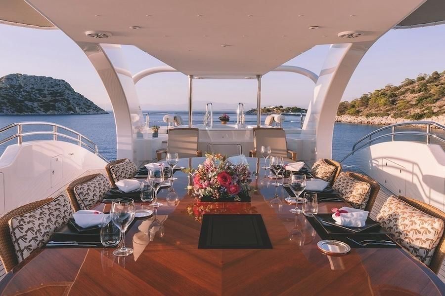 fine dining, sundeck dining, luxury yacht event Mediterranean
